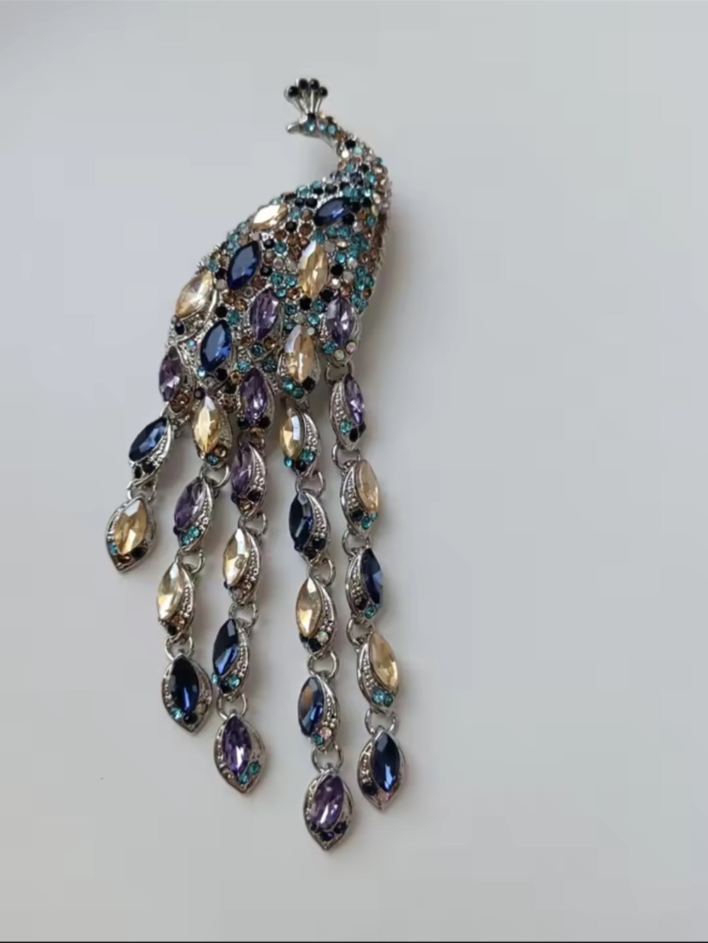 Luxe Peacock Feather Blue Purple Gem Diamond Brooch - Picture 8 of 10
